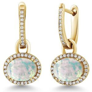18K Yellow Gold 925 with 2.04 Cttw White Opal Oval Dangling French Lock Earrings